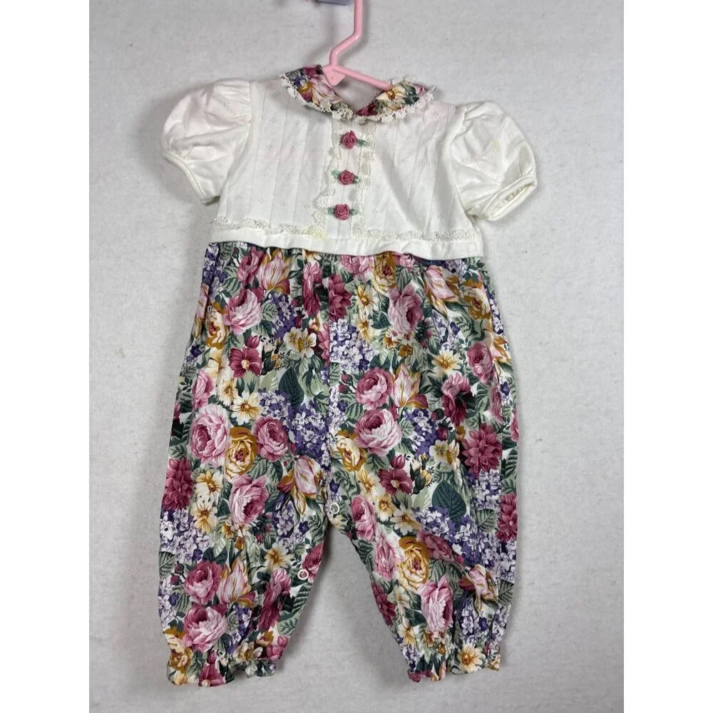 Infant‎ Floral Romper With Lace Collar & Rose Button Details